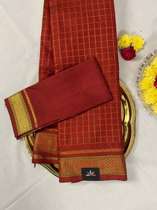 Pure Zari Kanchipuram Silk Saree – Rust Maroon Muthu Kattam with Traditional Border -1001