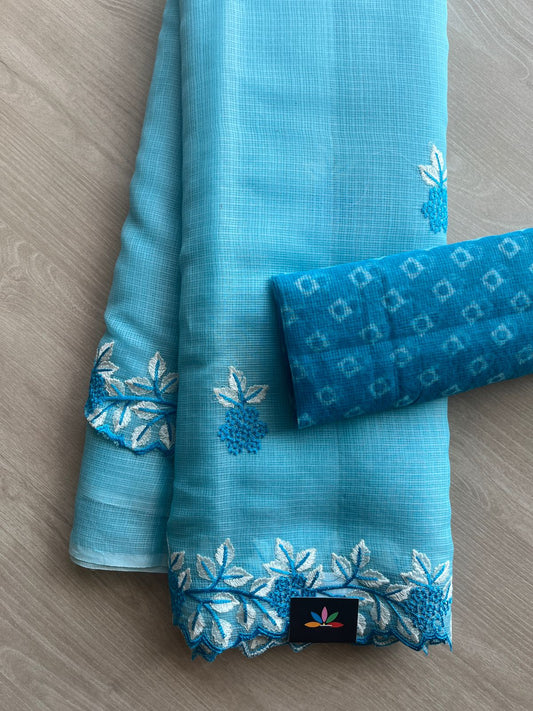 Cutwork Border Embroidered Kota Saree with Blouse- 27974-27975