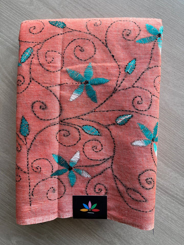 Muted Peach Pink Kantha Stitch Cotton Saree -28170