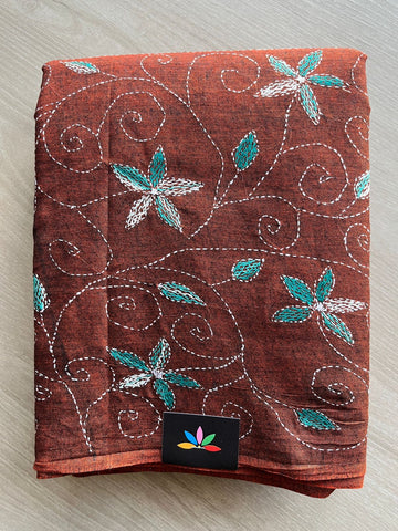 Rust Brown Kantha Stitch Cotton Saree -28173