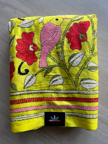 Bright Yellow Kantha Stitch Semi Bangalore Silk Saree - 28176