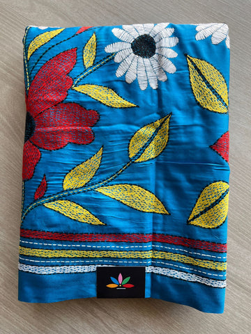 Azure Blue Kantha Stitch Semi Bangalore Silk Saree - 28179
