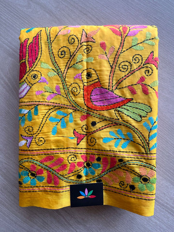 Mustard Yellow Kantha Stitch Semi Bangalore Silk Saree - 28180