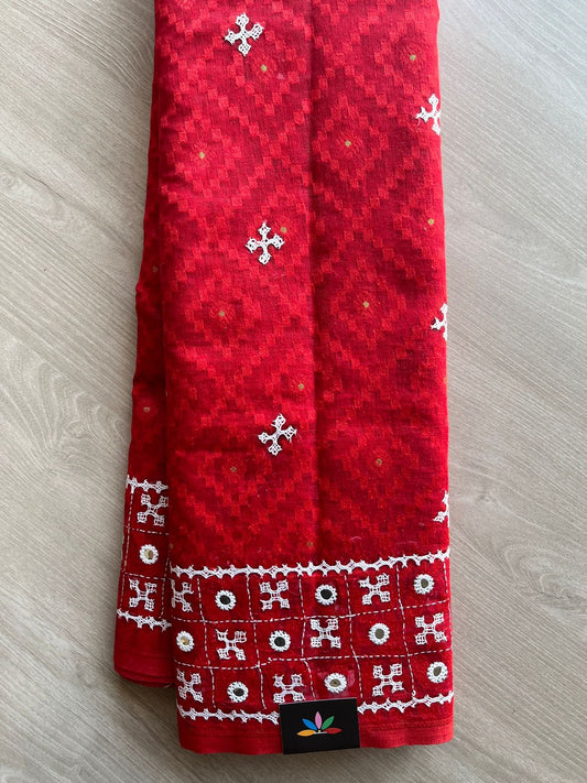 Jacquard Weave Gujarati Stitch Cotton Saree (without Blouse) -28181