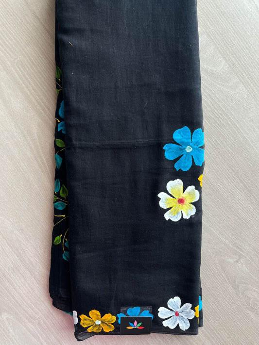 Hand Brush Printed Feather Light Mul Cotton Saree - 28432