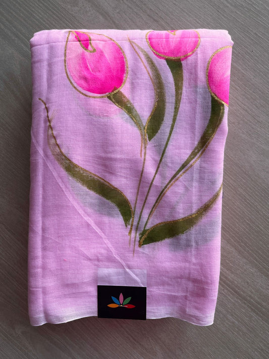 Hand Brush Printed Feather Light Mul Cotton Saree - 28444-28445