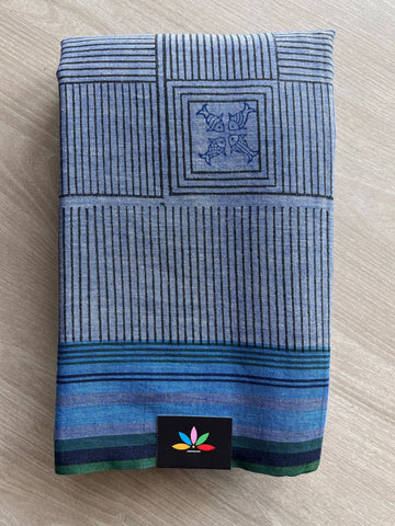 Light Cobalt Blue Handblock Printed Handloom Cotton Saree (without blouse)- 28463