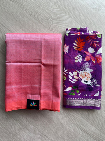 Candy Pink Handloom Mangalagiri Silk Cotton Saree with Digital Printed Blouse Fabric -28591
