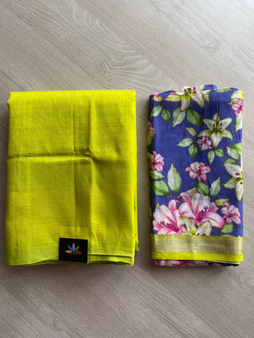 Yellowish Green Handloom Mangalagiri Silk Cotton Saree with Digital Printed Blouse Fabric -28596