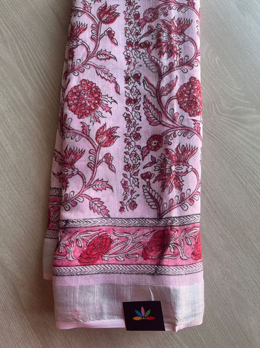 Handblock Printed Linen Cotton Saree - 28637