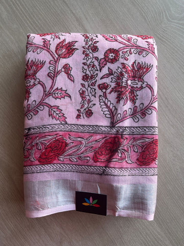 Handblock Printed Linen Cotton Saree - 28637