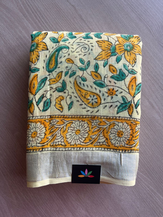 Handblock Printed Linen Cotton Saree - 28639