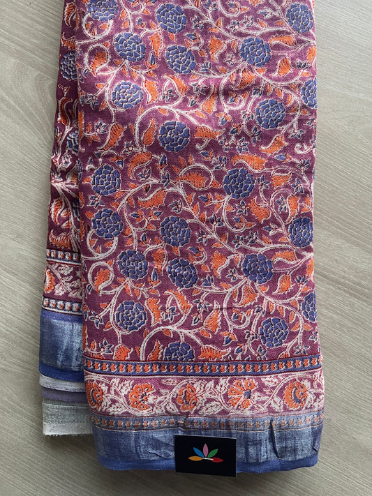 Handblock Printed Linen Cotton Saree - 28643