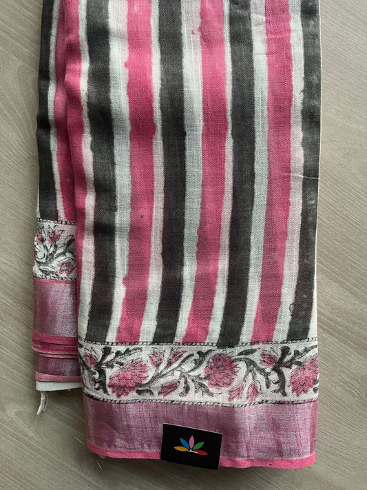 Handblock Printed Linen Cotton Saree - 28644