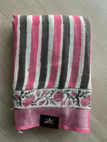 Handblock Printed Linen Cotton Saree - 28644