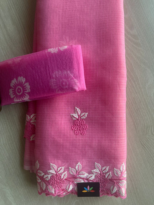 Cutwork Border Embroidered Kota Saree with Blouse-28723-28724