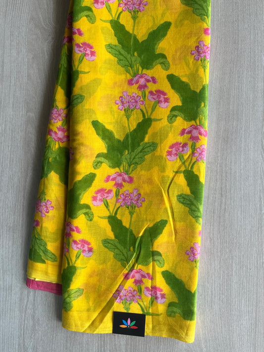 Golden Yellow with Green and Pink Floral Printed Fine Mul Cotton Saree - 28902