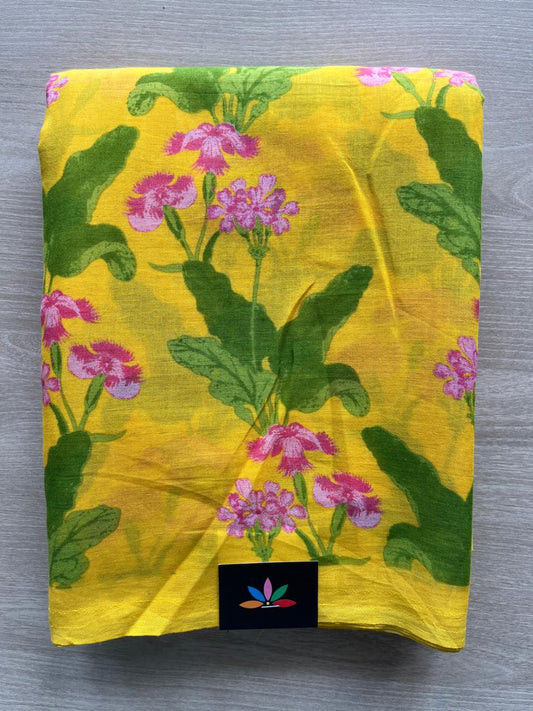 Golden Yellow with Green and Pink Floral Printed Fine Mul Cotton Saree - 28902
