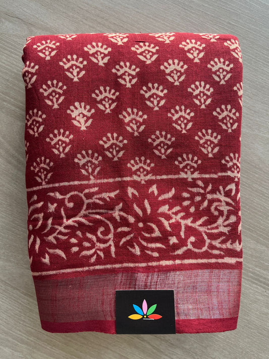 Handblock Printed Linen Cotton Saree - 29146-29147