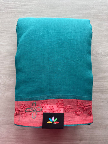 Teal Blue Hand Embroidered Chikankari Voile Cotton Saree-29186