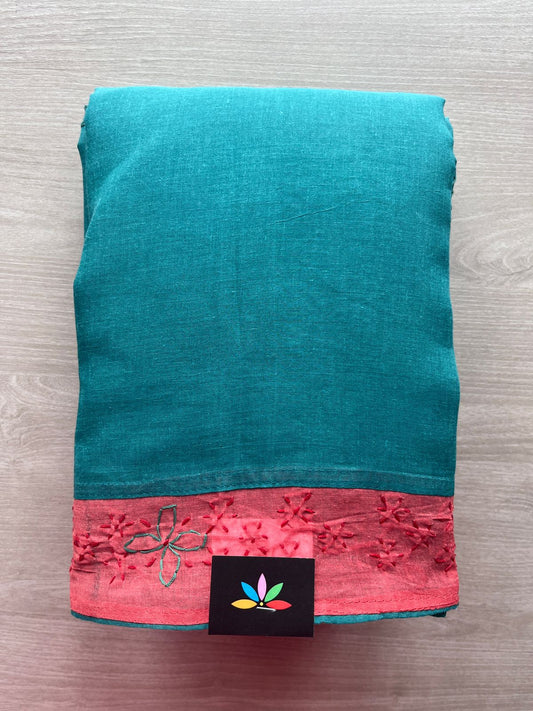 Teal Blue Hand Embroidered Chikankari Voile Cotton Saree-29186