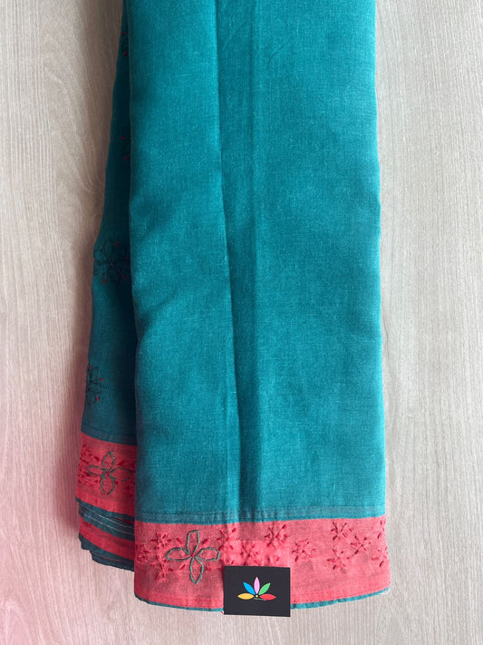 Teal Blue Hand Embroidered Chikankari Voile Cotton Saree-29186
