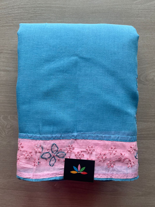 Sky Blue Hand Embroidered Chikankari Voile Cotton Saree-29187