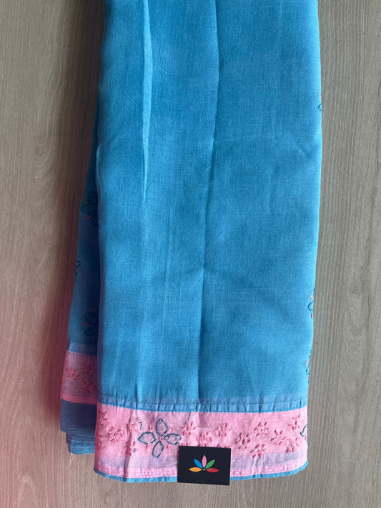 Sky Blue Hand Embroidered Chikankari Voile Cotton Saree-29187