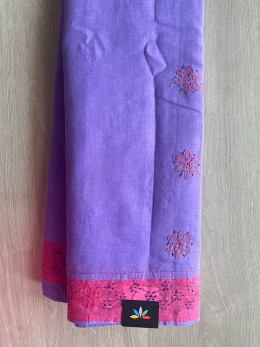 Lavender Hand Embroidered Chikankari Voile Cotton Saree-29188