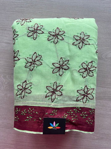 Light Green Hand Embroidered Chikankari Voile Cotton Saree-29189
