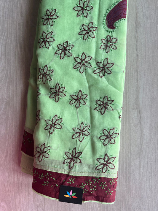 Light Green Hand Embroidered Chikankari Voile Cotton Saree-29189