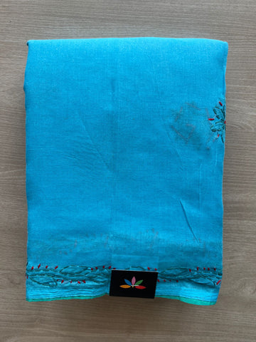 Sky Blue & Tiffany Blue Hand Embroidered Chikankari Voile Cotton Saree-29211