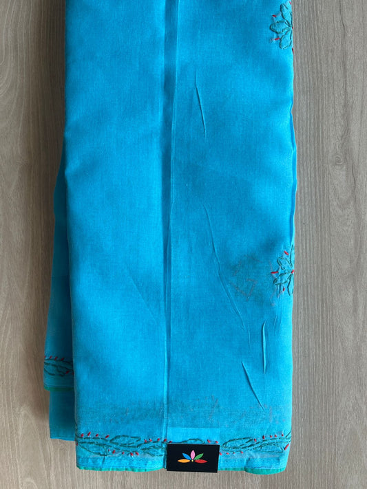 Sky Blue & Tiffany Blue Hand Embroidered Chikankari Voile Cotton Saree-29211