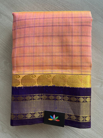Dusty Orange & Bright Purple Checked Korvai Border Silk Cotton Saree -29228