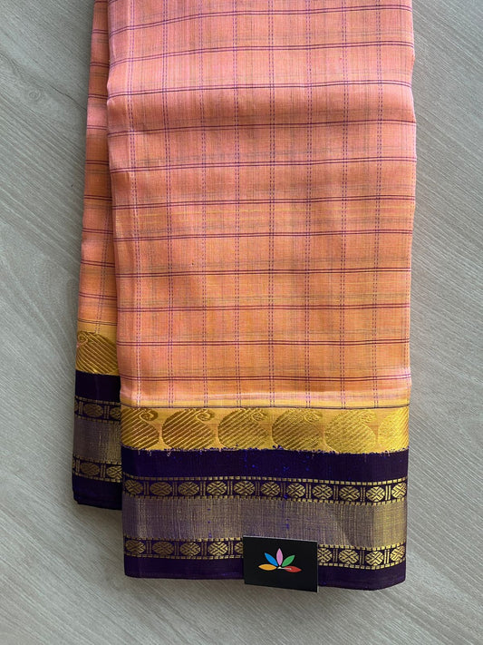 Dusty Orange & Bright Purple Checked Korvai Border Silk Cotton Saree -29228