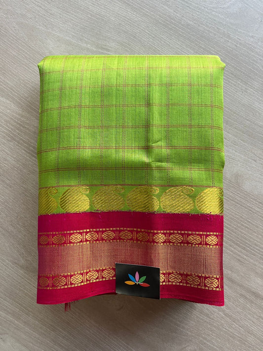 Bright Parrot Green & Magenta Pink Checked Korvai Border Silk Cotton Saree -29229