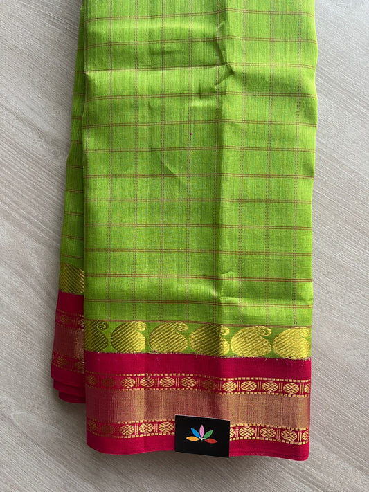 Bright Parrot Green & Magenta Pink Checked Korvai Border Silk Cotton Saree -29229
