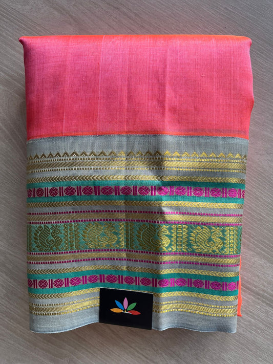 Peach Pink & Soft Silver-Grey Korvai Border Silk Cotton Saree -29231