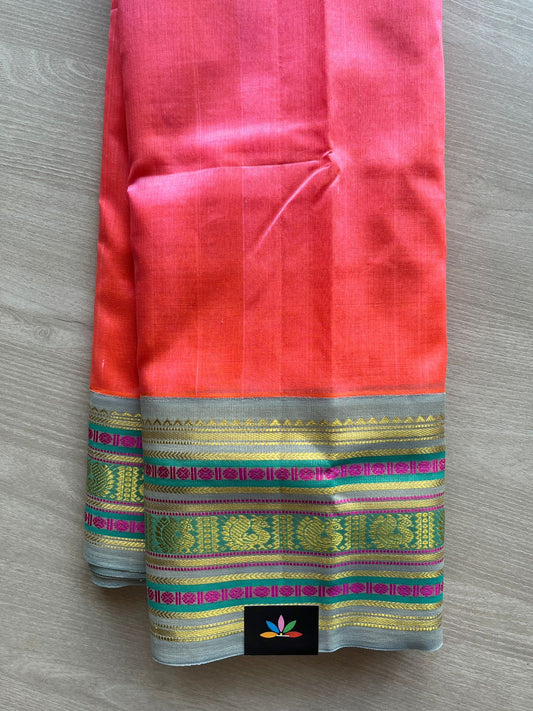Peach Pink & Soft Silver-Grey Korvai Border Silk Cotton Saree -29231