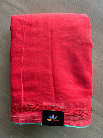 Light Red Hand Embroidered Chikankari Voile Cotton Saree-29206