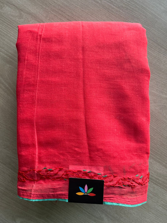 Light Red Hand Embroidered Chikankari Voile Cotton Saree-29206
