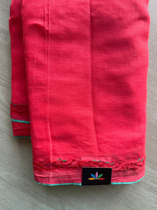 Light Red Hand Embroidered Chikankari Voile Cotton Saree-29206