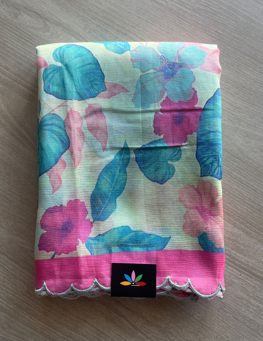 Soft Pastel Blue-Green & Pink Scallop Border Digital Printed Mangalagiri Silk Cotton Saree-29315