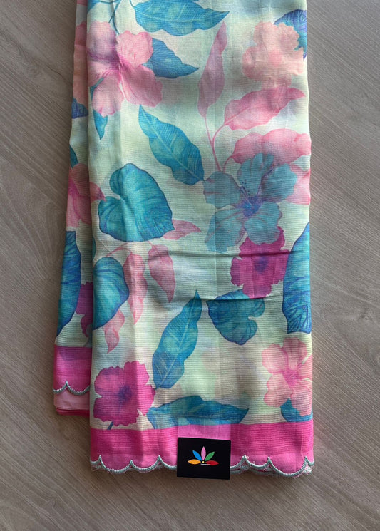 Soft Pastel Blue-Green & Pink Scallop Border Digital Printed Mangalagiri Silk Cotton Saree-29315