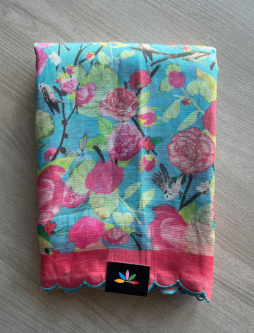 Sky Blue & Bright Peach Pink Scallop Border Digital Printed Mangalagiri Silk Cotton Saree-29319