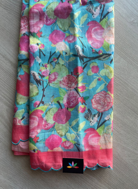 Sky Blue & Bright Peach Pink Scallop Border Digital Printed Mangalagiri Silk Cotton Saree-29319