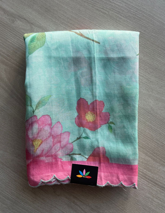 Teal Green & Pink Scallop Border Digital Printed Mangalagiri Silk Cotton Saree-29320