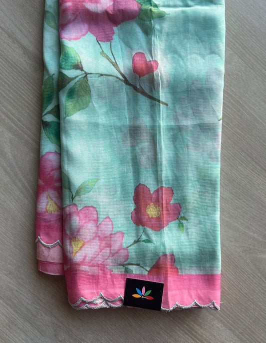 Teal Green & Pink Scallop Border Digital Printed Mangalagiri Silk Cotton Saree-29320