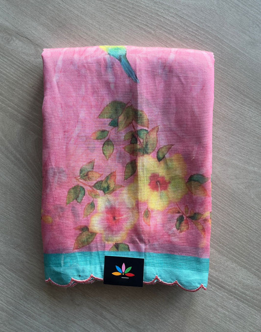 Soft Pink & Turquoise Blue Scallop Border Digital Printed Mangalagiri Silk Cotton Saree-29321