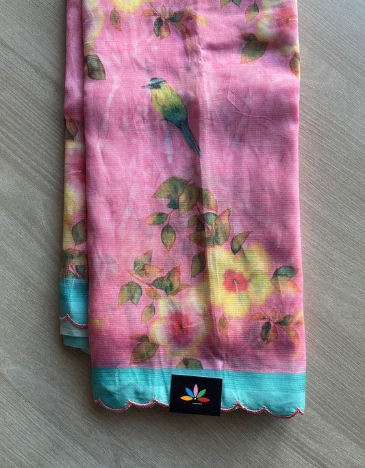 Soft Pink & Turquoise Blue Scallop Border Digital Printed Mangalagiri Silk Cotton Saree-29321